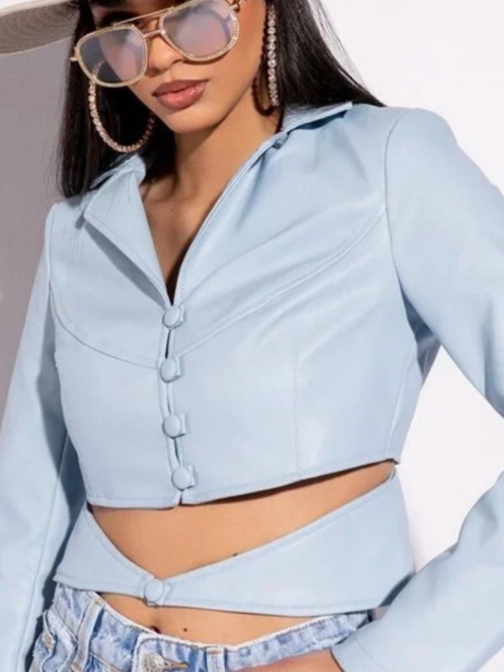 Azalea Wang Boy Blue Cropped Faux Leather Jacket Western Moto Size L NWOT